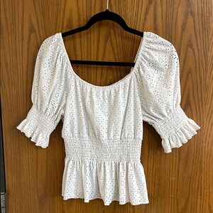 White Eyelet Smocked Women's Top